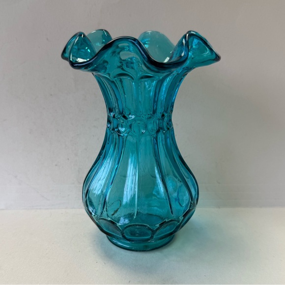Vintage Fenton Flute and Dot Turquoise Teal Blue Glass Vase - Picture 3 of 8